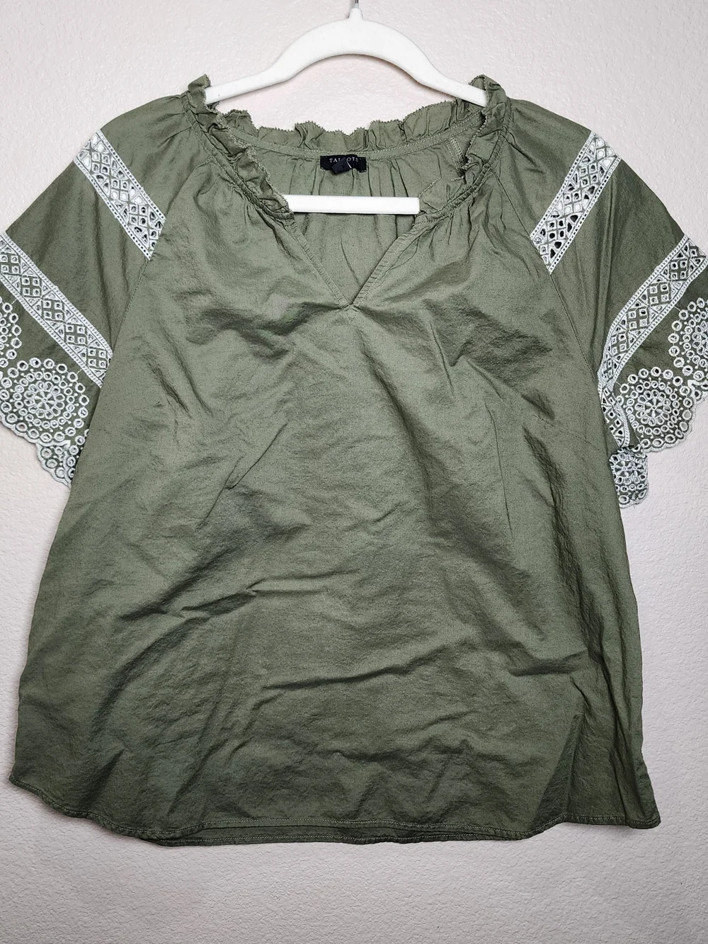 Talbots Olive Green Eyelet Sleeve Cotton Blouse